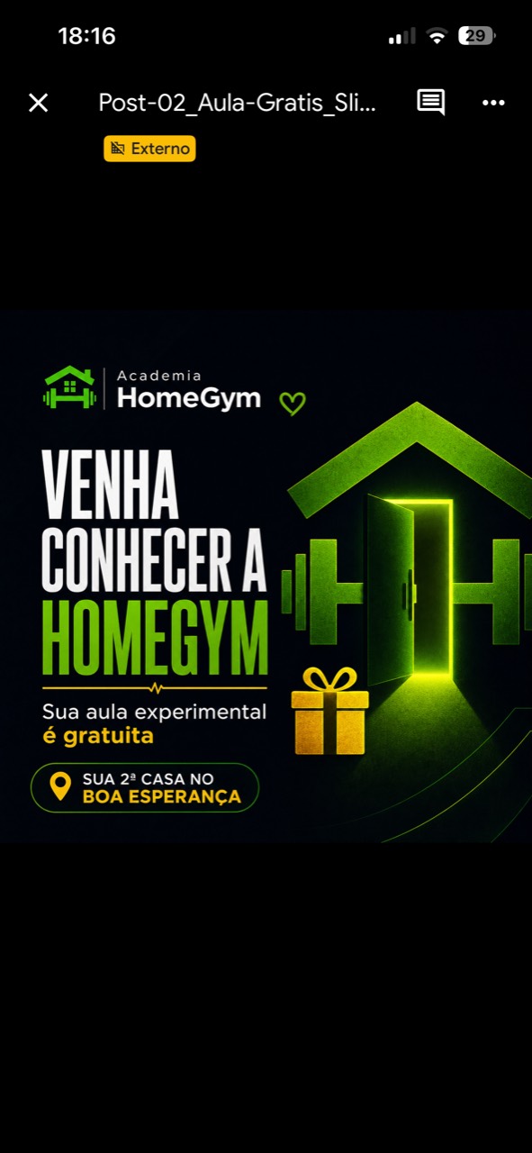 Convite para conhecer a HomeGym no Boa Esperança e agendar uma aula experimental gratuita.